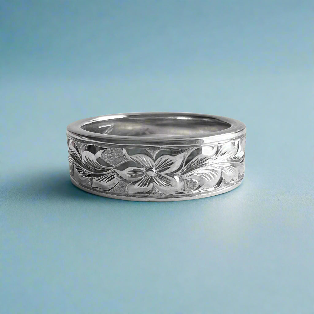 Long Leaf Maile & Hibiscus Flat 6mm Ring in 14K White Gold