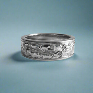Long Leaf Maile & Hibiscus Flat 6mm Hawaiian Ring in 14K White Gold