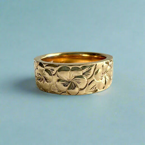 Plumeria w/ Leaves All Around Flat Hawaiian 6mm Ring in 14K Yellow Gold