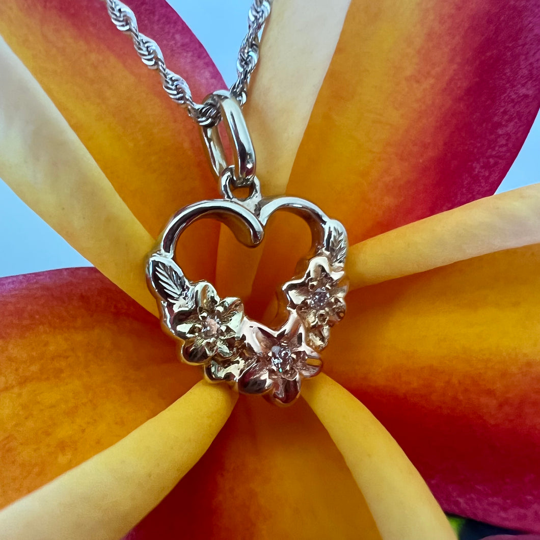 Multicolor Three Plumeria Heart Pendant with Three Diamonds in 14K Gold