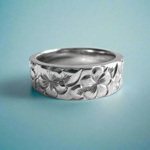 Plumeria w/ Leaves All Around Flat Hawaiian 6mm Ring in 14K White Gold