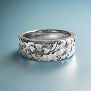 Plumeria w/ Leaves All Around Flat Hawaiian 6mm Ring in 14K White Gold