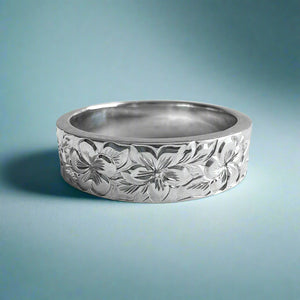 Hibiscus & Plumeria with Leaves All Around Flat 6mm Ring in 14K White Gold