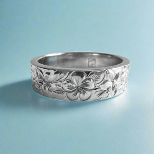 Hibiscus & Plumeria w/ Leaves All Around Flat 6mm Ring in 14K White Gold