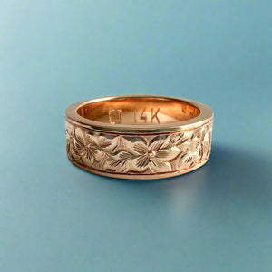 Hibiscus & Plumeria w/ Leaves All Around Flat 6mm Hawaiian Ring in 14K Pink Gold