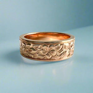 Hibiscus & Plumeria w/ Leaves All Around Flat 6mm Hawaiian Ring in 14K Pink Gold