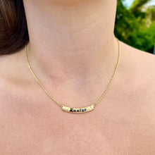 Load image into Gallery viewer, model wearing Old English 6mm &quot;Kuuipo&quot; Hawaiian Necklace in 14K Yellow Gold
