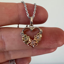 Load image into Gallery viewer, Multicolor Three Plumeria Heart Pendant w/ Three Diamonds in 14K Gold
