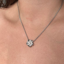 Load image into Gallery viewer, Model wearing Hawaiian Plumeria Slider Necklace with Diamonds in 14K White Gold
