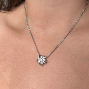 Model wearing Hawaiian Plumeria Slider Necklace with Diamonds in 14K White Gold