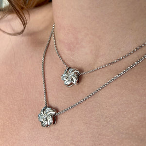 Model wearing Hawaiian Plumeria Slider Necklaces with Diamonds in 14K White Gold