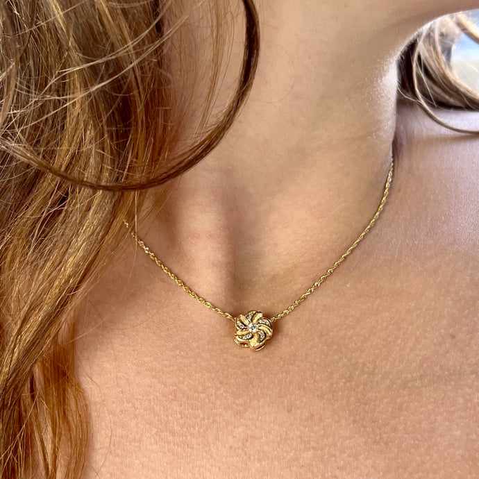 model wearing Small Hawaiian Plumeria Slider Necklace with Diamonds in 14K Yellow Gold