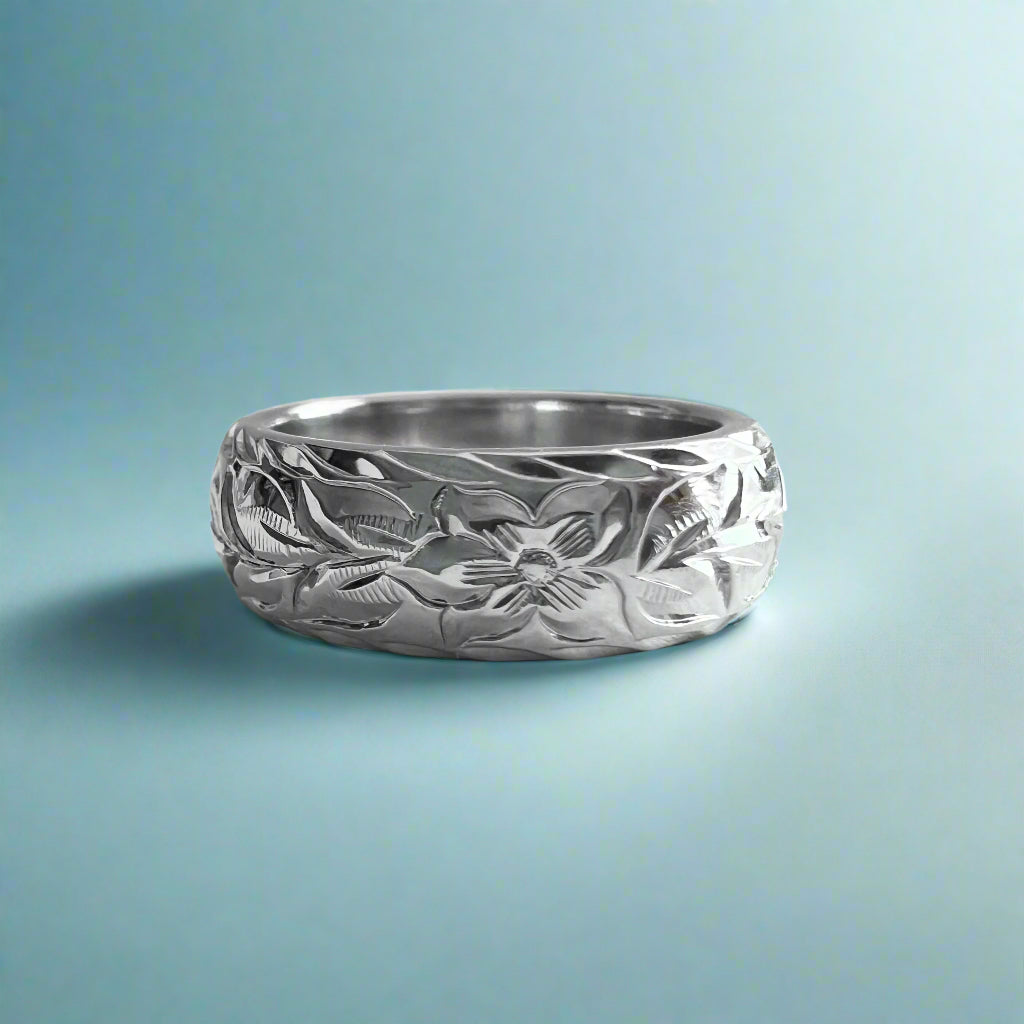 Maile, Hibiscus & Plumeria 6mm Ring in 14K White Gold size 4 1/4