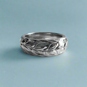 Maile, Hibiscus & Plumeria 6mm Ring in 14K White Gold size 4 1/4