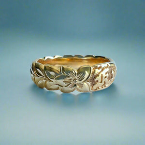 Scalloped Shiny Maile with Hibiscus 6mm Raised "Kuuipo" Ring in 14K Yellow Gold