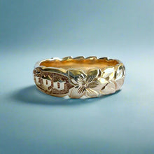 Load image into Gallery viewer, Scalloped Shiny Maile with Hibiscus 6mm Raised &quot;Kuuipo&quot; Ring in 14K Yellow Gold
