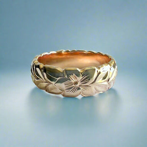 Scalloped Shiny Maile with Plumeria 6mm Ring in 14K Gold