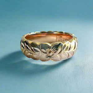 Scalloped Shiny Maile with Plumeria 6mm Ring in 14K Gold