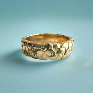 Scalloped Plumeria with Leaves All Around 6mm Ring in 14K Yellow Gold