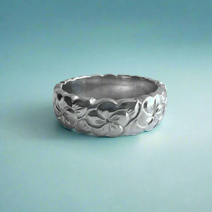 Scalloped Plumeria with Leaves All Around 6mm Ring in 14K White Gold