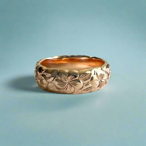Scalloped Plumeria with Leaves All Around 6mm Ring in 14K Pink Gold