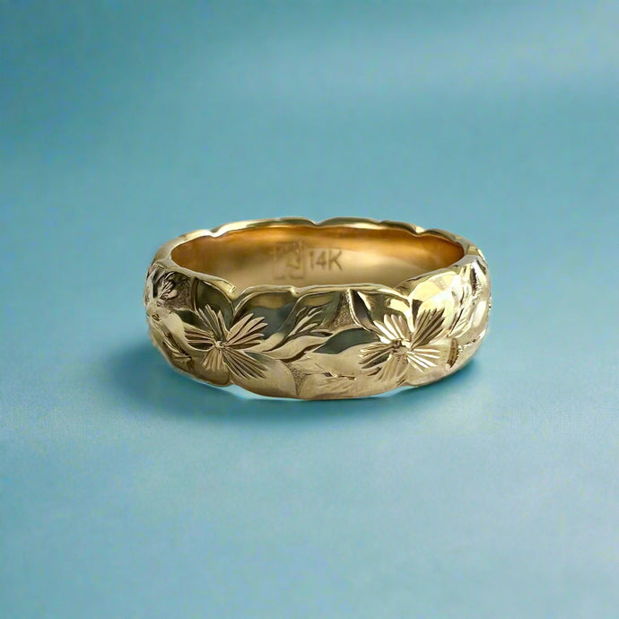 Scalloped Hibiscus with Leaves All Around 6mm Ring in 14K Yellow Gold