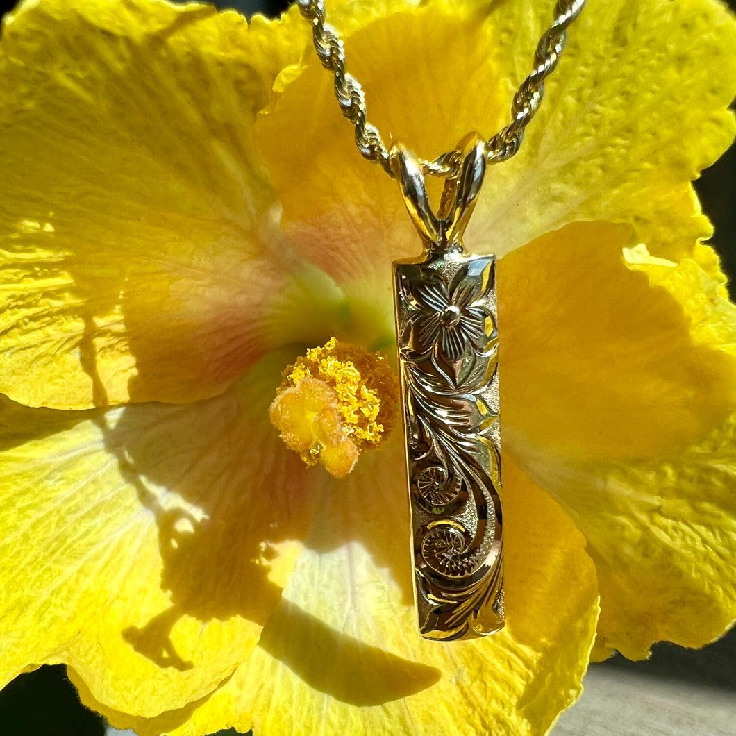 Hibiscus & Old English Scroll Pendant in 14K Yellow, White or Pink Gold