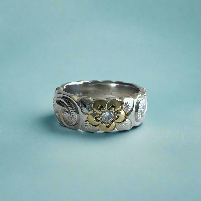 Scalloped Two-Tone Old English & Plumeria 6mm Ring with Diamond in Platinum & 14K Green Gold