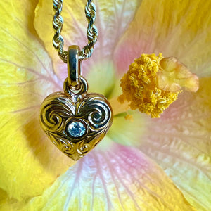 Small Heart Pendant with Scrolls & Diamond in 14K Yellow Gold