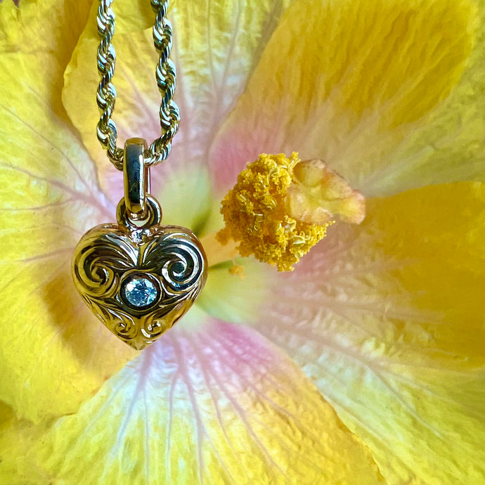 Small Heart Pendant with Scrolls & Diamond in 14K Yellow Gold