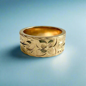 Maile & Hibiscus 8mm  Hawaiian Flat Ring in 14K Yellow Gold in size 6 1/8