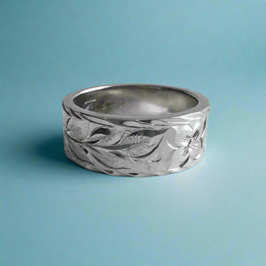Maile & Hibiscus 8mm  Hawaiian Flat Ring in 14K White in size 8 1/4