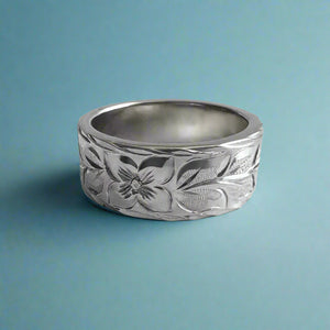 Maile & Hibiscus 8mm  Hawaiian Flat Ring in 14K White in size 8 1/4
