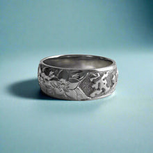 Load image into Gallery viewer, Hibiscus with leaves 8mm Raised Hawaiian &quot;Kuuipo&quot; Ring in 14K White Gold in size 9 3/8
