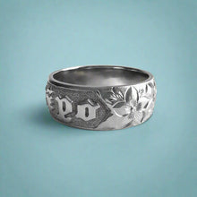 Load image into Gallery viewer, Hibiscus with leaves 8mm Raised Hawaiian &quot;Kuuipo&quot; Ring in 14K White Gold in size 9 3/8
