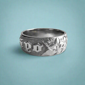Hibiscus with leaves 8mm Raised Hawaiian "Kuuipo" Ring in 14K White Gold in size 9 3/8