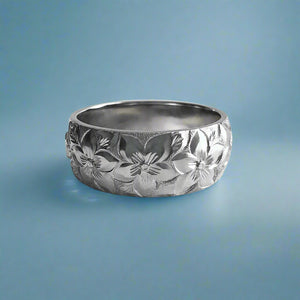 Hibiscus with leaves 8mm Raised Hawaiian "Kuuipo" Ring in 14K White Gold in size 9 3/8