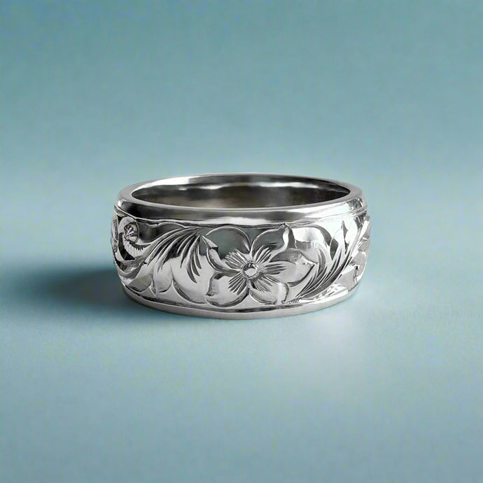 Old English & Hibiscus 8mm Ring in 14K White Gold in size 8