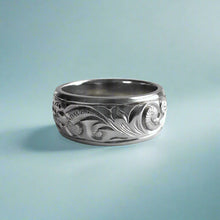 Load image into Gallery viewer, Old English &amp; Hibiscus 8mm Ring in 14K White Gold in size 8
