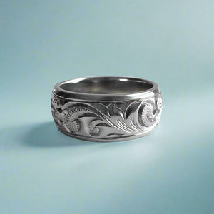 Old English & Hibiscus 8mm Ring in 14K White Gold in size 8