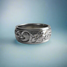 Load image into Gallery viewer, Old English &amp; Hibiscus 8mm Ring in 14K White Gold in size 8
