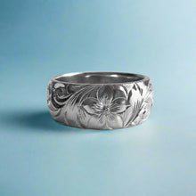 Load image into Gallery viewer, Old English &amp; Hibiscus 8mm No Border Hawaiian Ring in 14K White Gold in size 8 1/2
