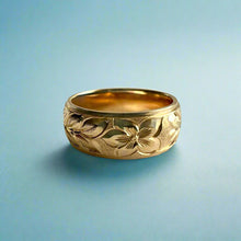 Load image into Gallery viewer, Maile &amp; Hibiscus Step Border 8mm Ring in 14K Yellow Gold in size 8
