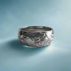 Maile & Hibiscus 8mm Hawaiian Ring in 14K White Gold in size 7 3/4