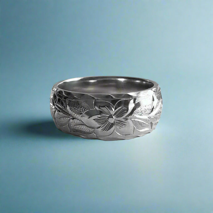 Maile & Hibiscus 8mm Hawaiian Ring in 14K White Gold in size 7 3/4