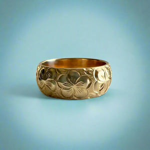 Plumeria with Leaves All Around 8mm Hawaiian Ring in 14K Yellow Gold in size 7 3/4