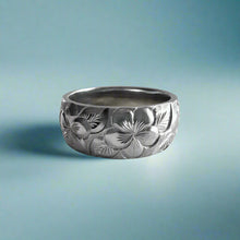 Load image into Gallery viewer, Plumeria with Leaves All Around 8mm Hawaiian Ring in 14K White Gold in size 7 3/4

