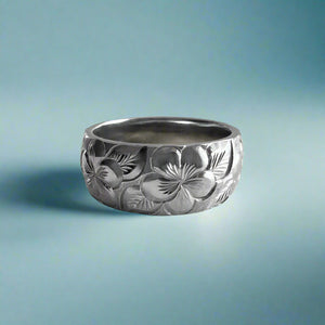 Plumeria with Leaves All Around 8mm Hawaiian Ring in 14K White Gold in size 7 3/4