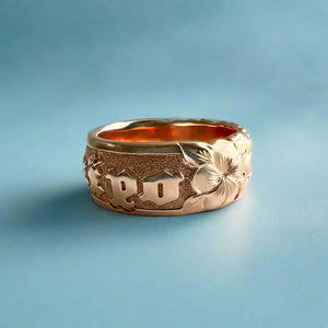 Scalloped Plumeria with Leaves 8mm Raised "Kuuipo" Ring in 14K Pink Gold in size 6