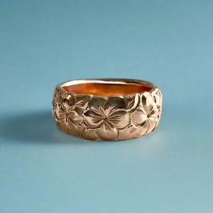 Scalloped Plumeria with Leaves 8mm Raised "Kuuipo" Ring in 14K Pink Gold in size 6